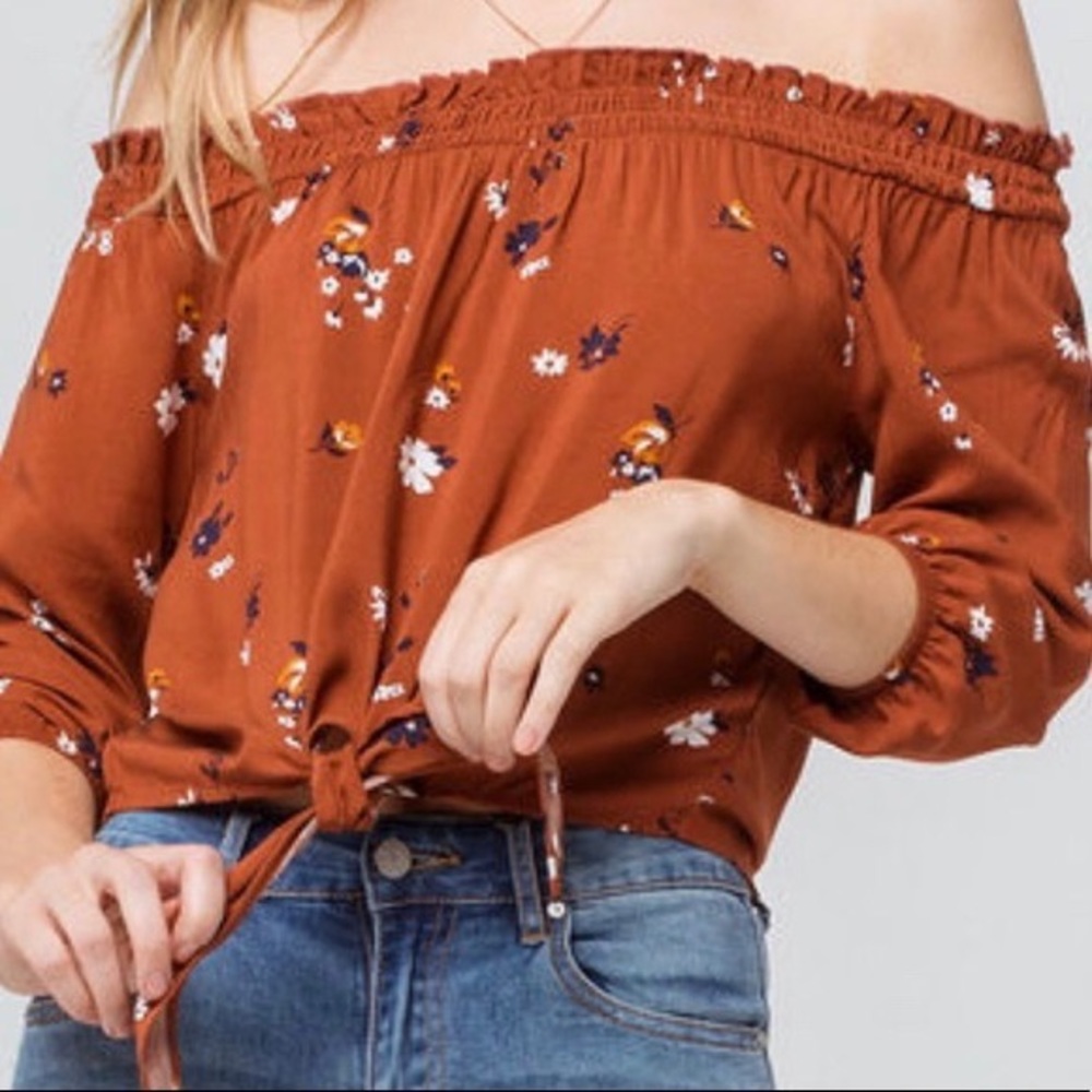 XS Mini Chica Orange Floral Off Shoulder Long Sleeve